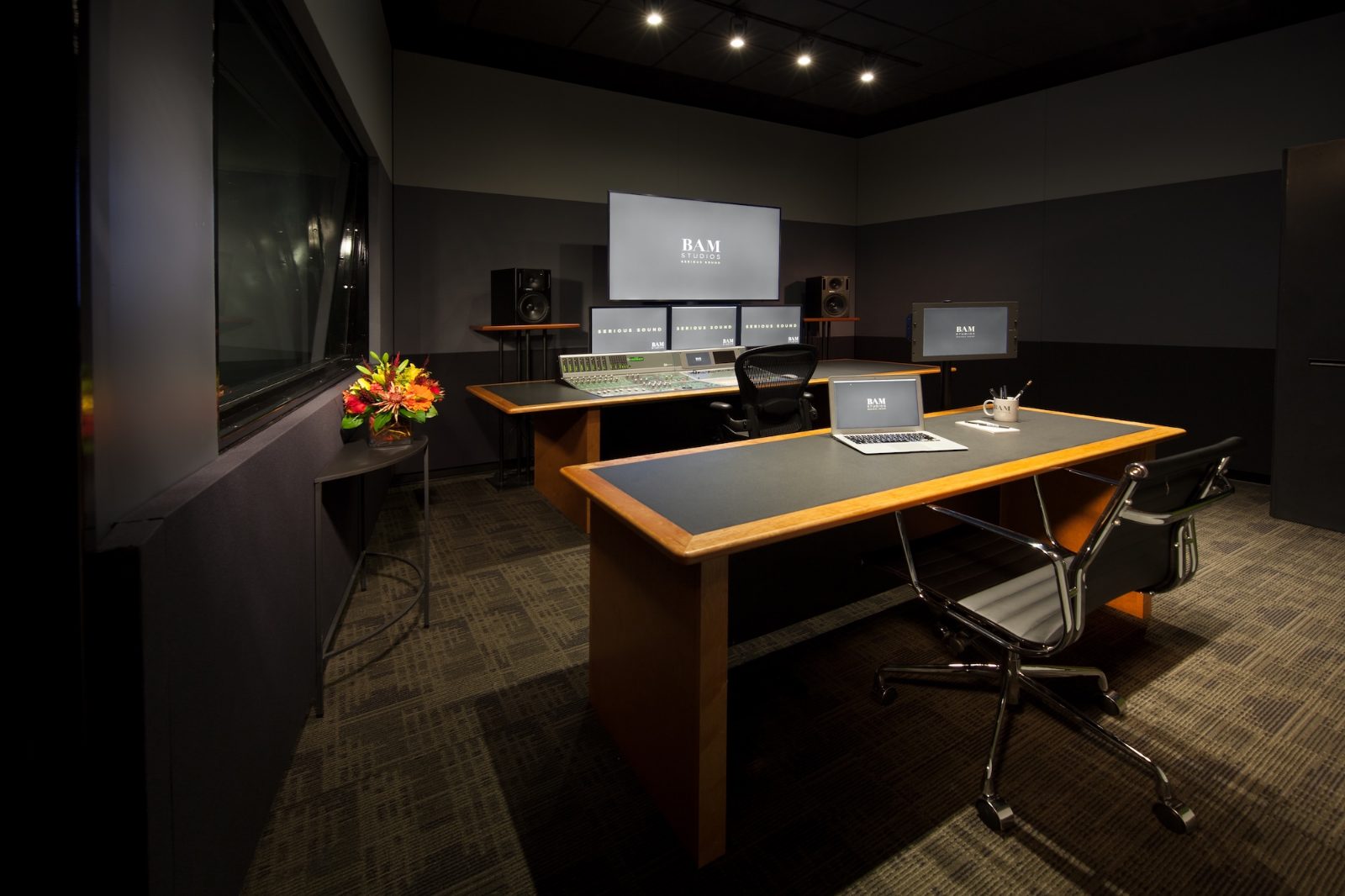Studio Z control room at CineBAM — console, producer's desk, and the ADR stage window